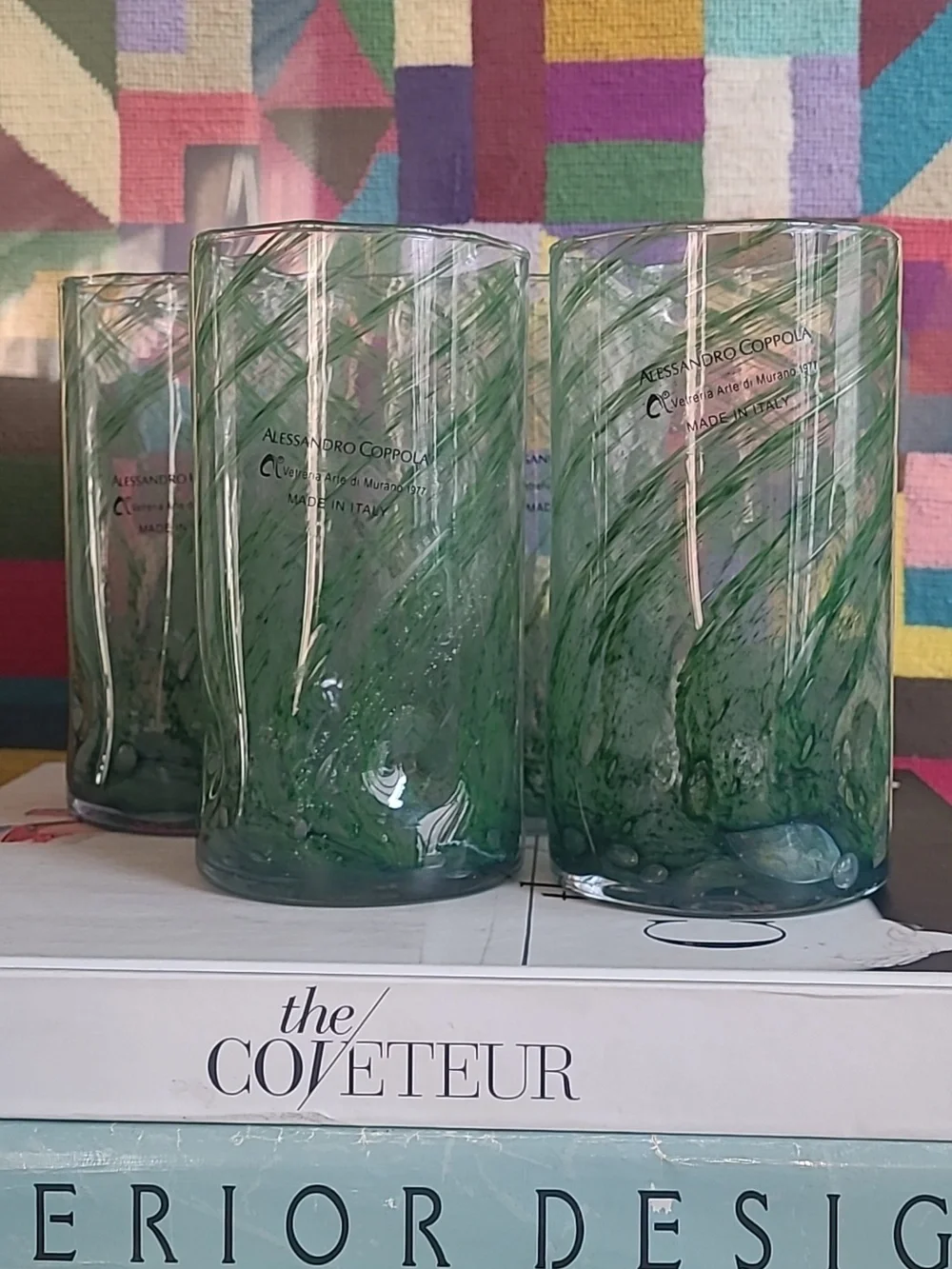 MURANO HANDBLOWN GLASS GREEN SWIRL HIGHBALL CUPS SET OF 4